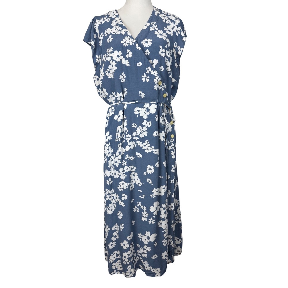 Gap Floral Women's 18 Wrap Dress Blue Cap Sleeve Midi V-Neck Summer